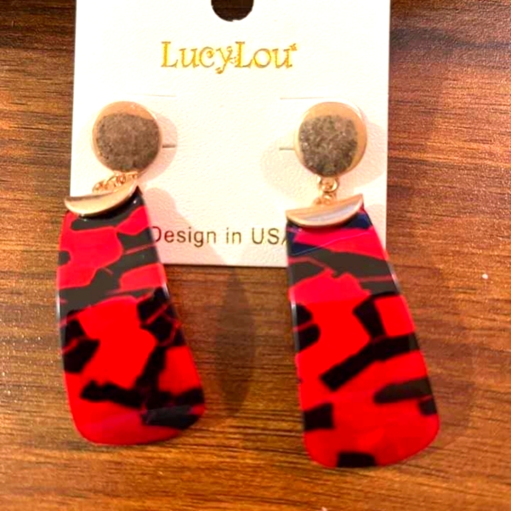 Two tone acrylic and metal drop earrings Red